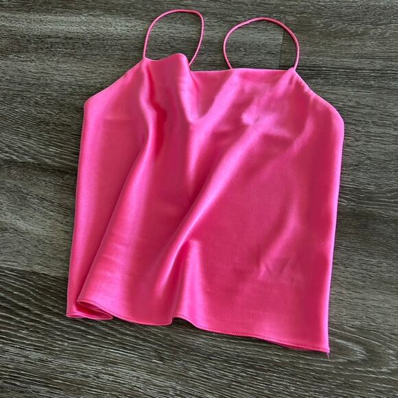 Alice + Olivia Harmon Candy Pink Satin Cami Top Sz Medium Cropped Cowl Neck Tank - Picture 12 of 16